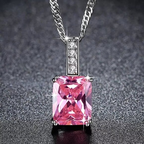 Pink Princess Cut AAA Cubic Zirconia Necklace - Picture 6 of 6